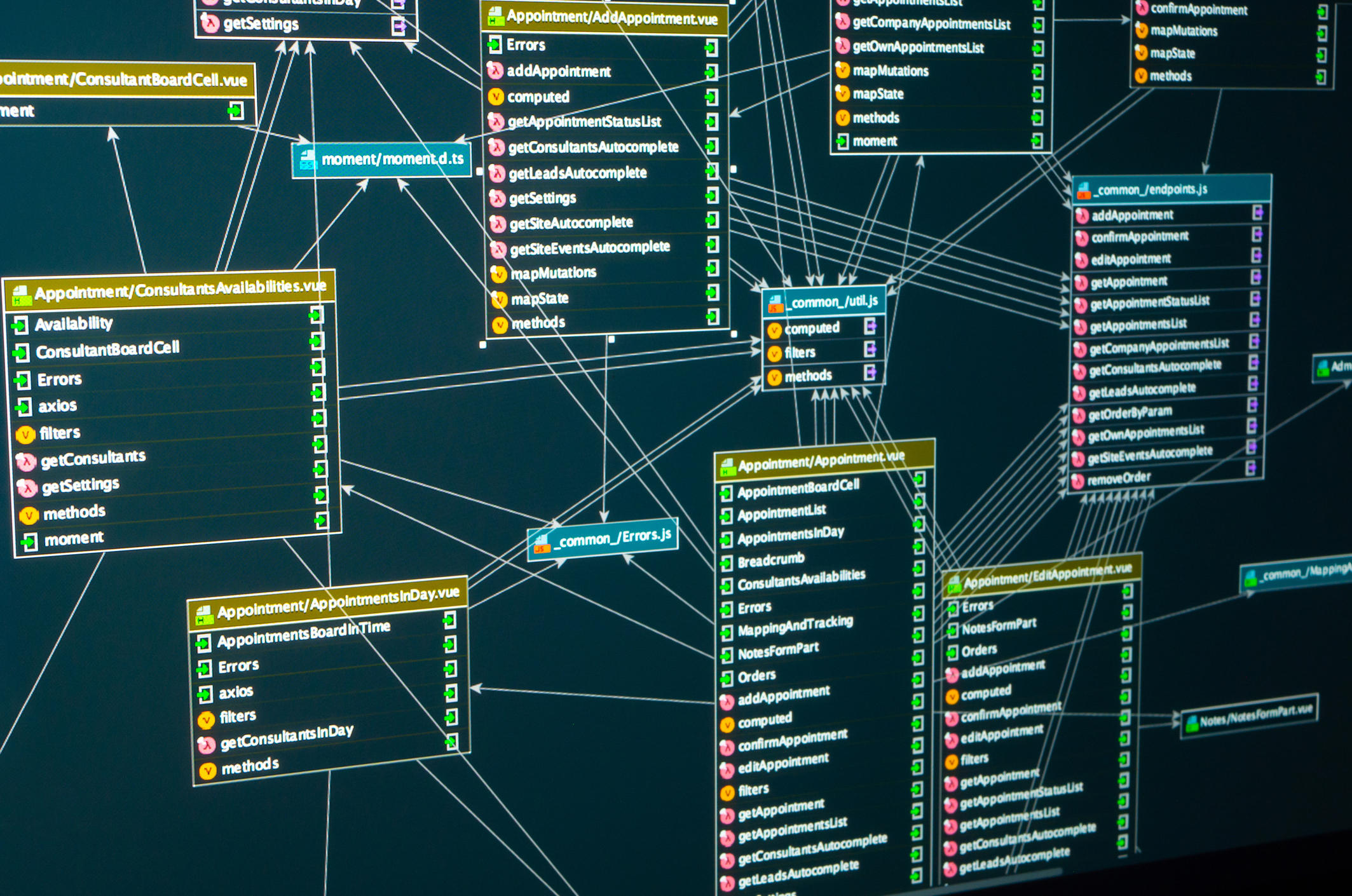 SQL Database Management visualization showing interconnected code modules and data flows in a complex software system interface.